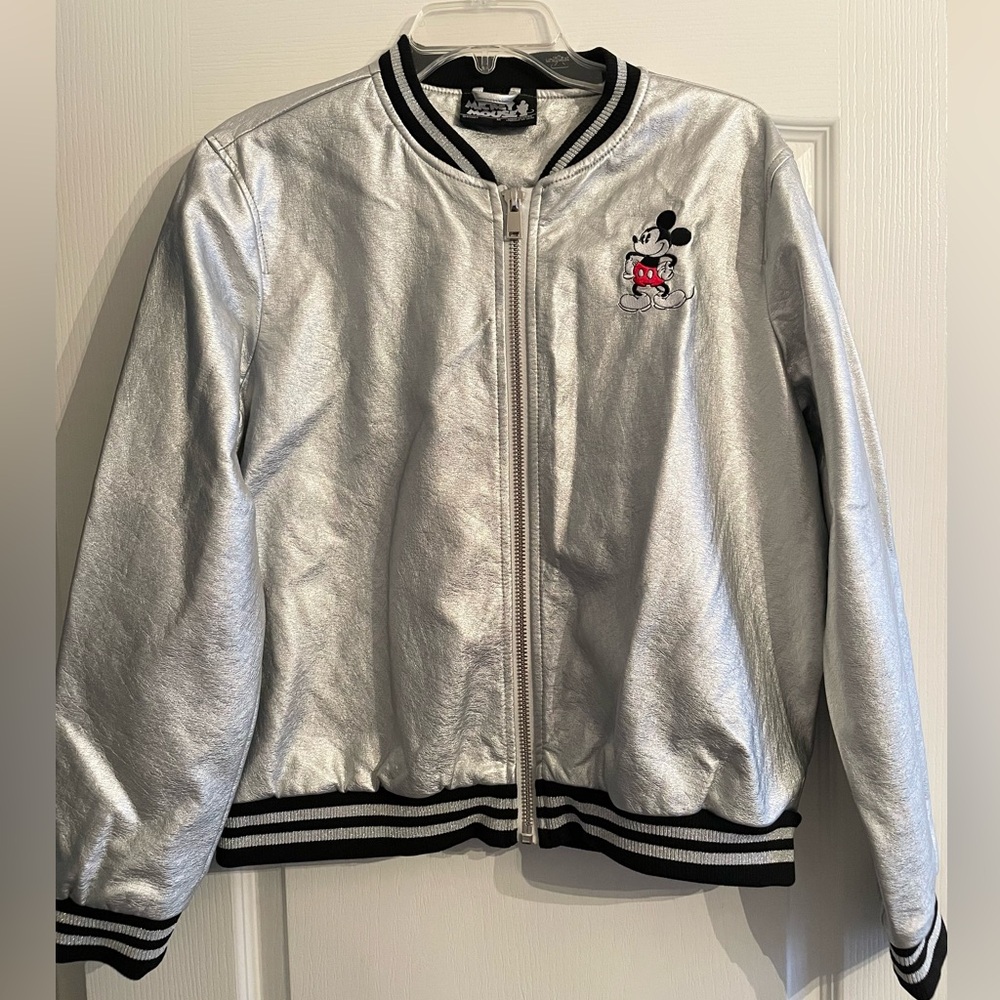 Silver Mickey Faux Leather Varsity Style Jacket Mens Med Women XL